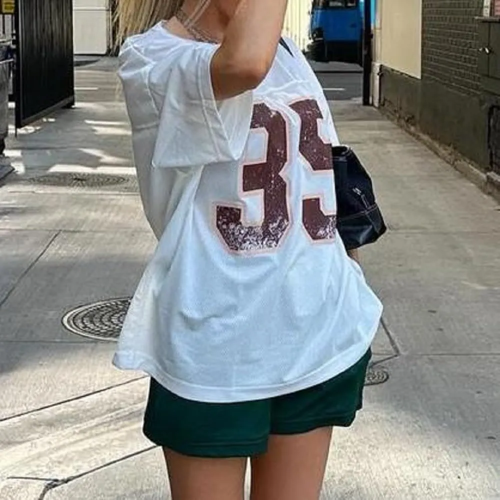Women Oversized Jersey Shirt Y2k Number Graphic T Shirt Loose Fit Short Sleeve Top Going Out Streetwear
