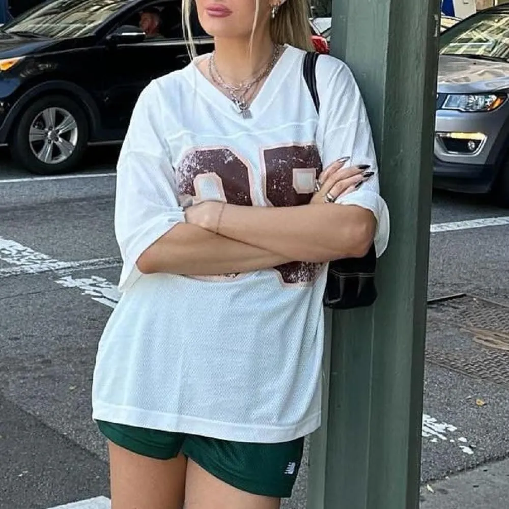 Women Oversized Jersey Shirt Y2k Number Graphic T Shirt Loose Fit Short Sleeve Top Going Out Streetwear
