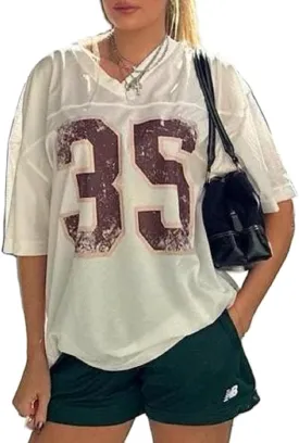 Women Oversized Jersey Shirt Y2k Number Graphic T Shirt Loose Fit Short Sleeve Top Going Out Streetwear