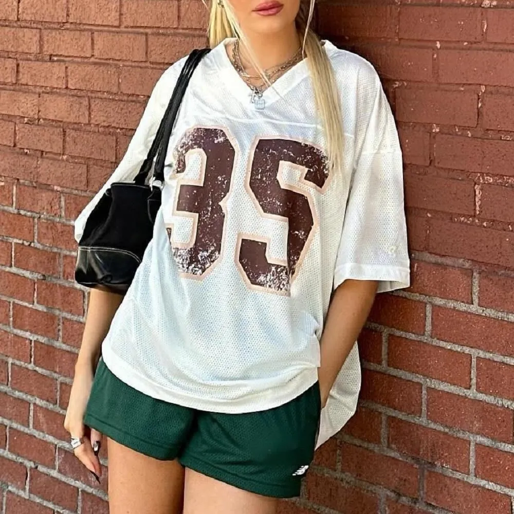 Women Oversized Jersey Shirt Y2k Number Graphic T Shirt Loose Fit Short Sleeve Top Going Out Streetwear