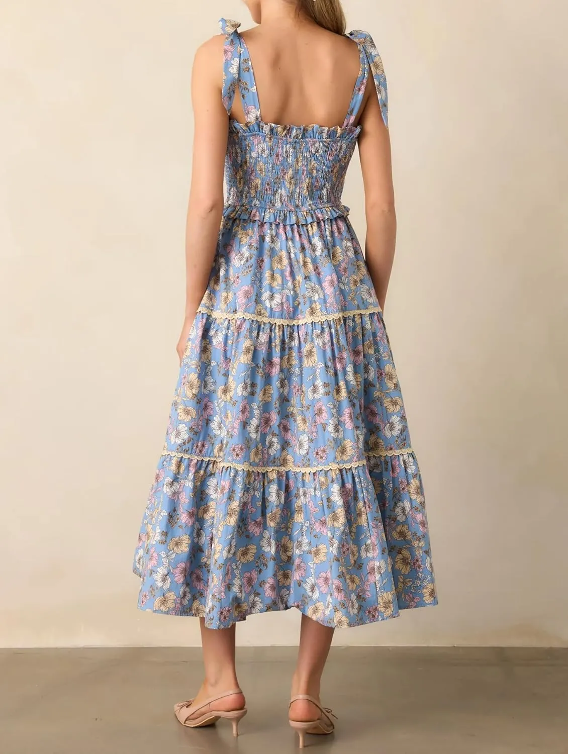 Women Tie Shoulder Boho Maxi Dress Floral Flowy A Line Long Sundress Summer Y2k Smocked Bohemian Midi Dresses