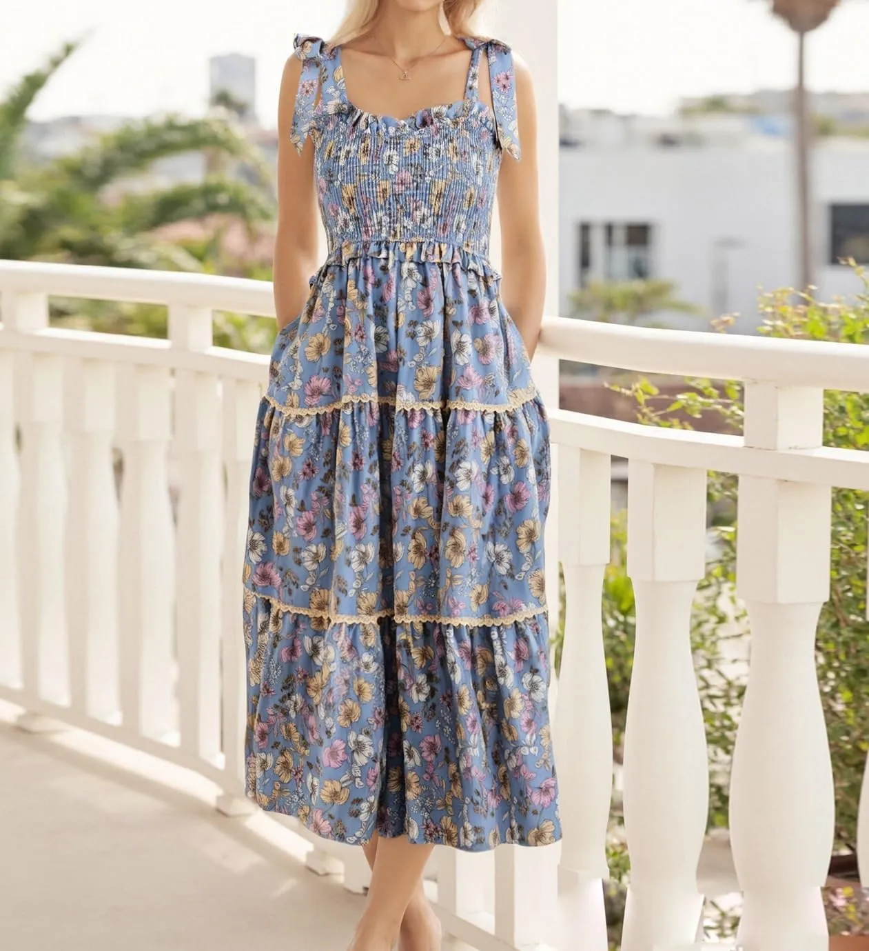 Women Tie Shoulder Boho Maxi Dress Floral Flowy A Line Long Sundress Summer Y2k Smocked Bohemian Midi Dresses