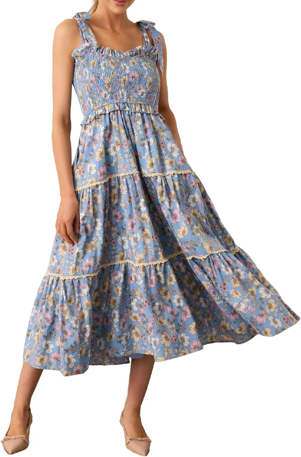 Women Tie Shoulder Boho Maxi Dress Floral Flowy A Line Long Sundress Summer Y2k Smocked Bohemian Midi Dresses