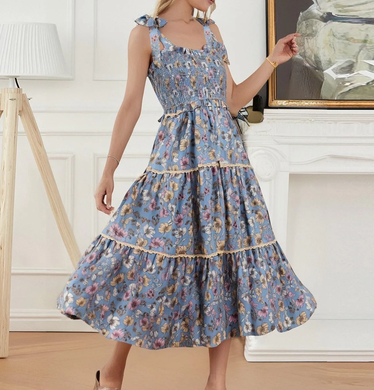 Women Tie Shoulder Boho Maxi Dress Floral Flowy A Line Long Sundress Summer Y2k Smocked Bohemian Midi Dresses