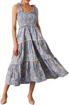 Women Tie Shoulder Boho Maxi Dress Floral Flowy A Line Long Sundress Summer Y2k Smocked Bohemian Midi Dresses