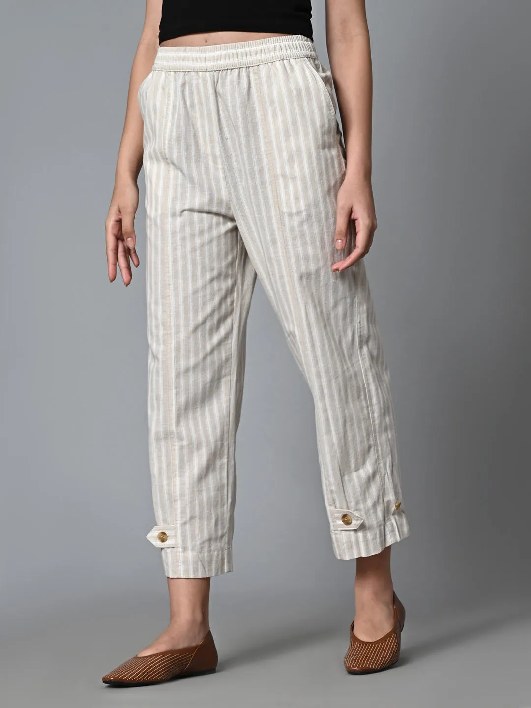 Women's Khaki Cotton Linen Regular Fit Pant