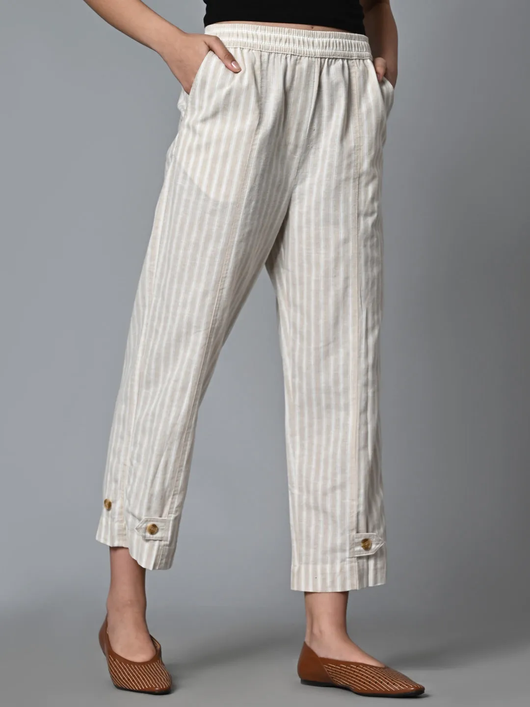 Women's Khaki Cotton Linen Regular Fit Pant