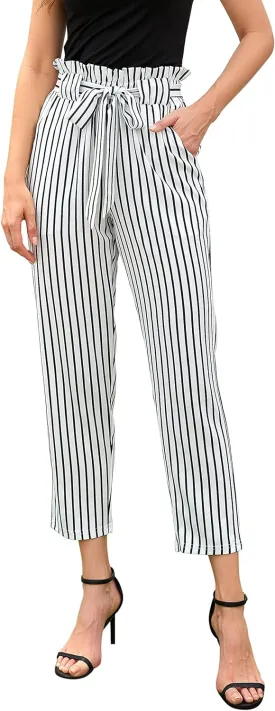 Women's Pants Casual Trouser Paper Bag Pants Elastic Waist Slim Pockets
