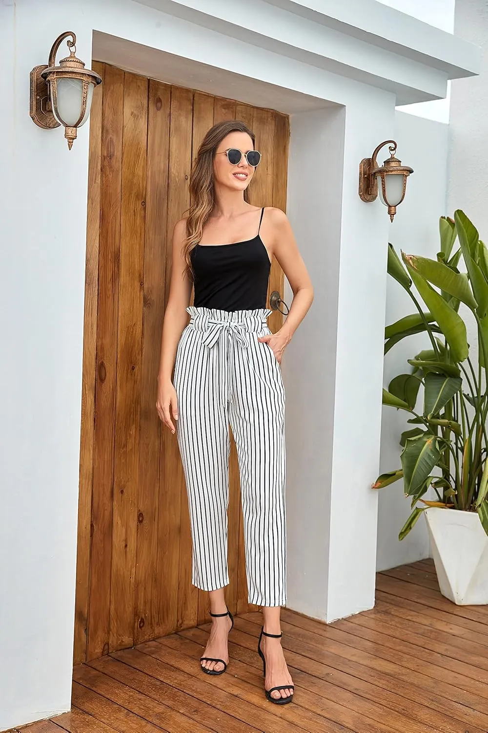 Women's Pants Casual Trouser Paper Bag Pants Elastic Waist Slim Pockets