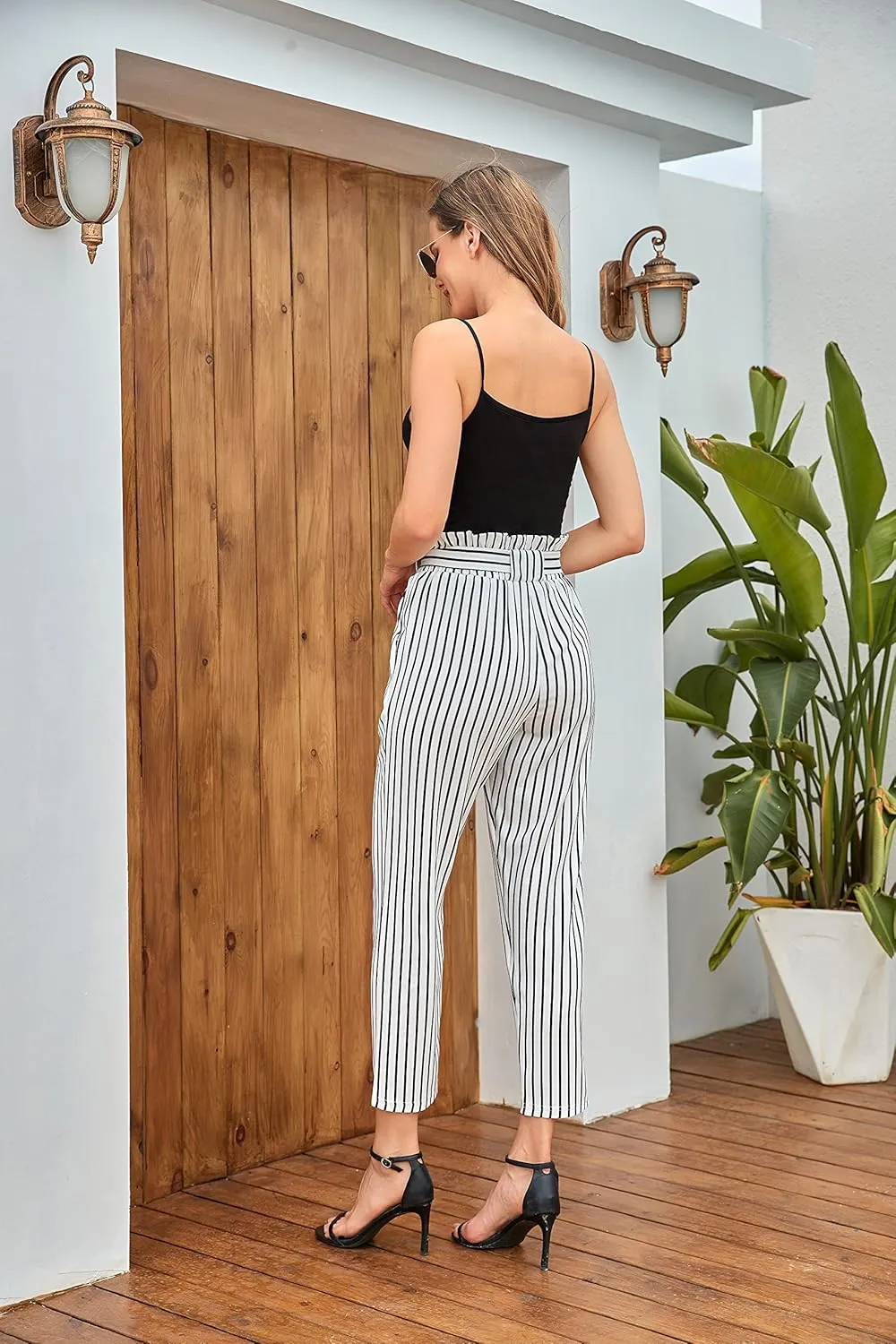 Women's Pants Casual Trouser Paper Bag Pants Elastic Waist Slim Pockets