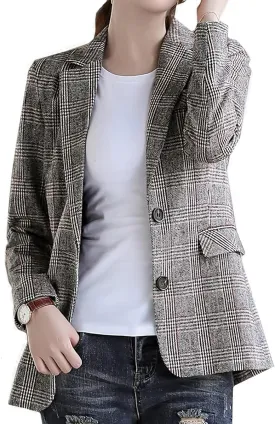 Womens Plaid Blazer Classic Notch Lapel Button Long Sleeve Slim Checker Jacket Outwear