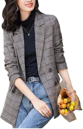 Womens Plaid Blazer Classic Notch Lapel Button Long Sleeve Slim Checker Jacket Outwear