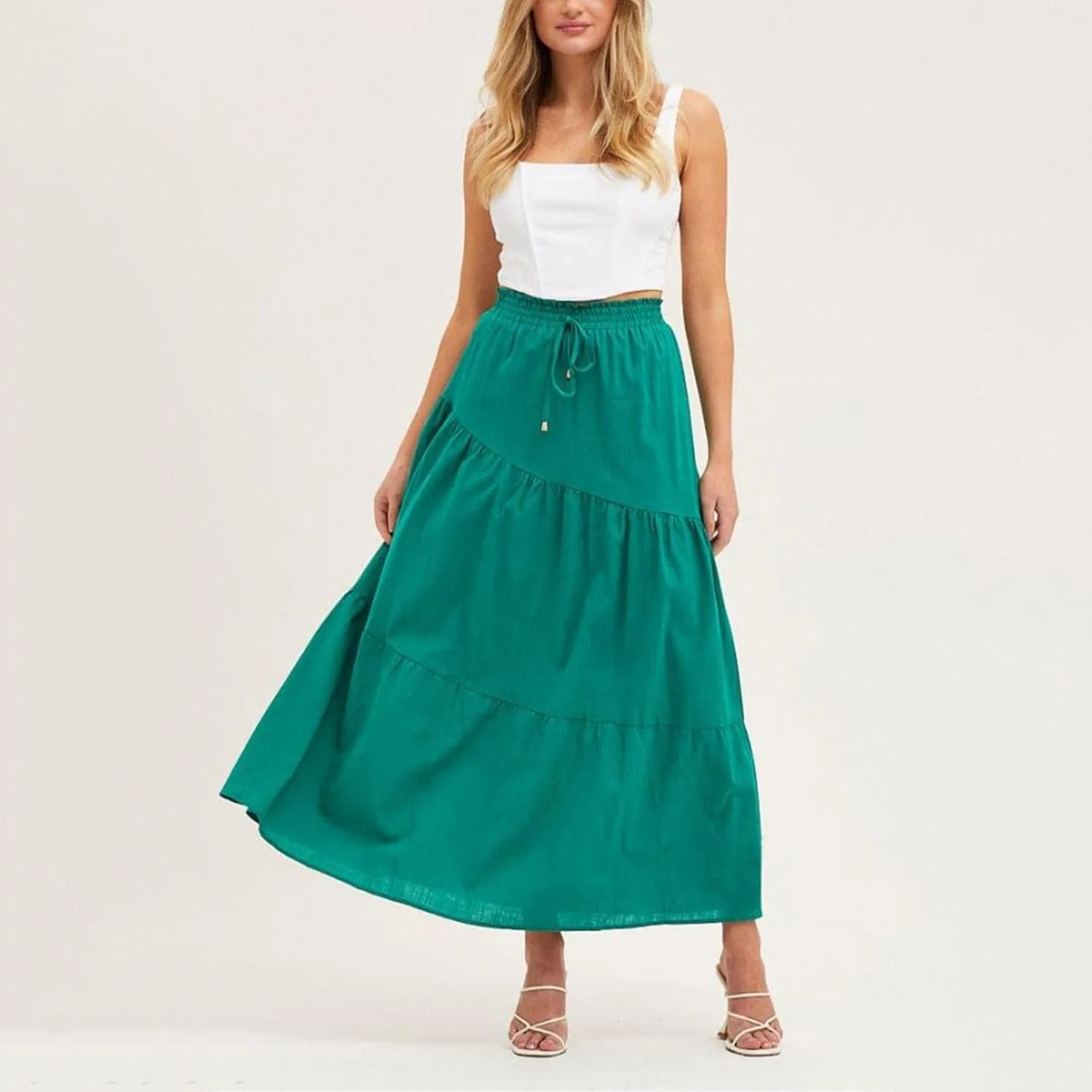 Women's Skirts High Waist Solid Color Half Skirt Long Skirt Women Self Belted Beach Maxi Skirts Pleated Cheer