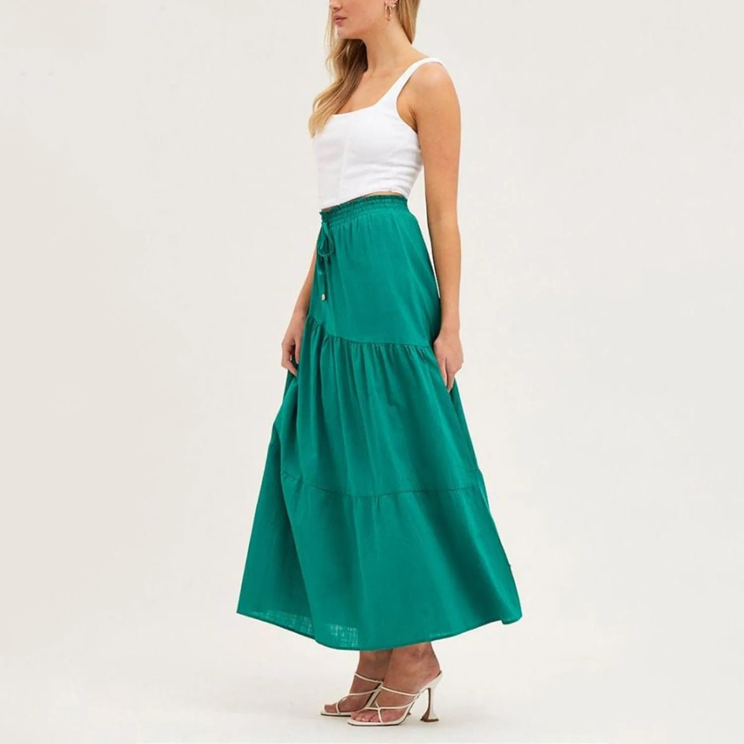 Women's Skirts High Waist Solid Color Half Skirt Long Skirt Women Self Belted Beach Maxi Skirts Pleated Cheer