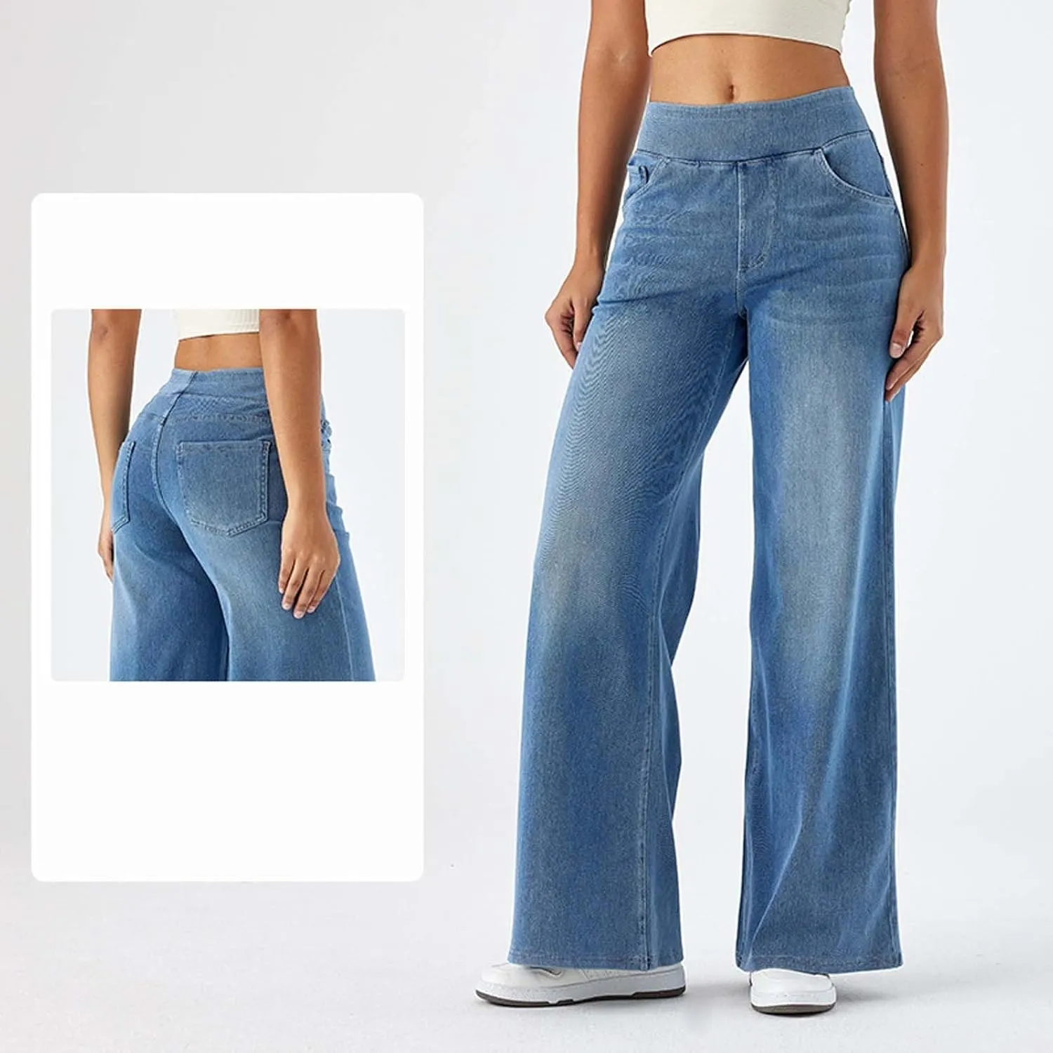 Womens Wide Leg Jeans Stretch Mid Rise Elastic Waist Jeans Baggy Loose Denim Pants Oversized Trendy Casual Trousers
