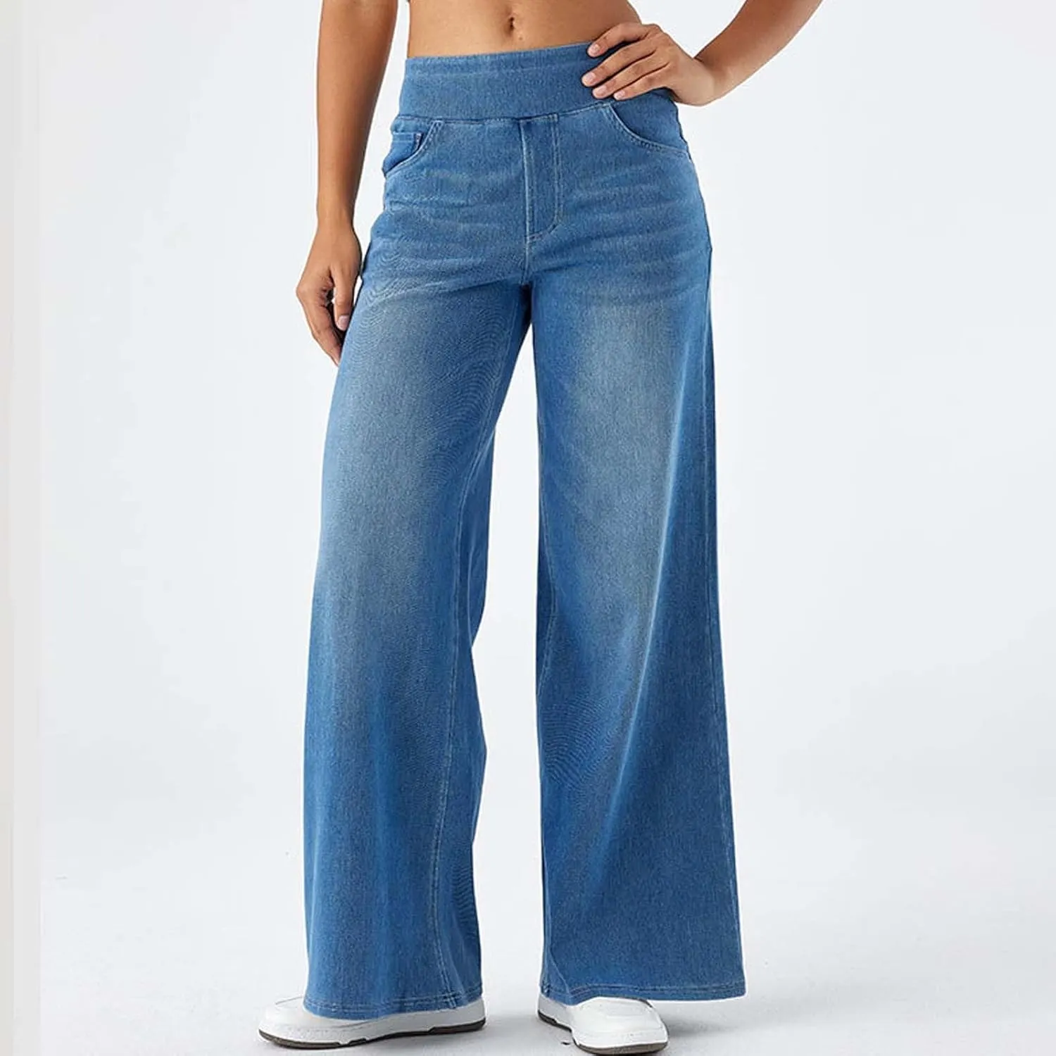 Womens Wide Leg Jeans Stretch Mid Rise Elastic Waist Jeans Baggy Loose Denim Pants Oversized Trendy Casual Trousers