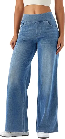 Womens Wide Leg Jeans Stretch Mid Rise Elastic Waist Jeans Baggy Loose Denim Pants Oversized Trendy Casual Trousers