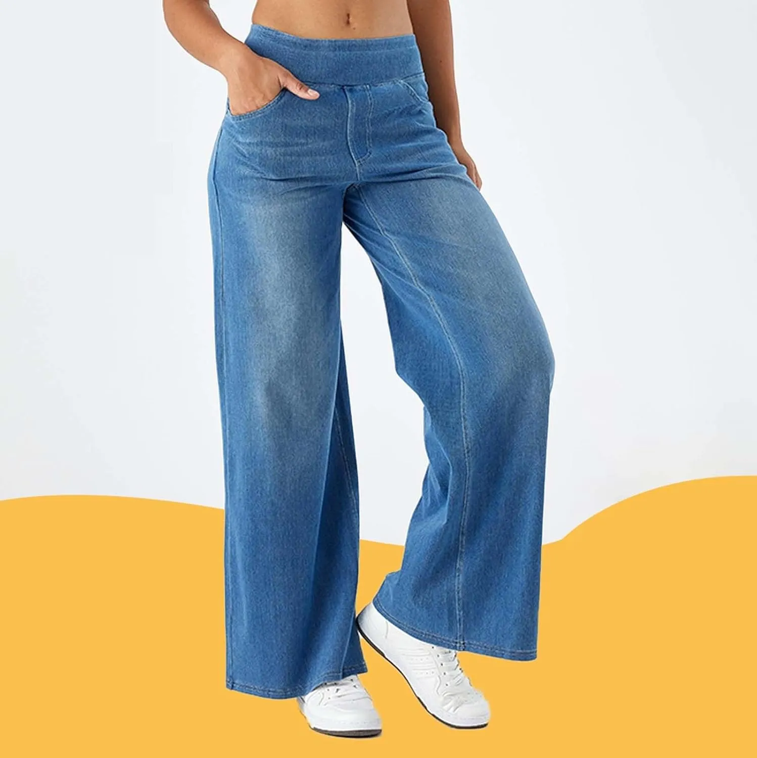 Womens Wide Leg Jeans Stretch Mid Rise Elastic Waist Jeans Baggy Loose Denim Pants Oversized Trendy Casual Trousers