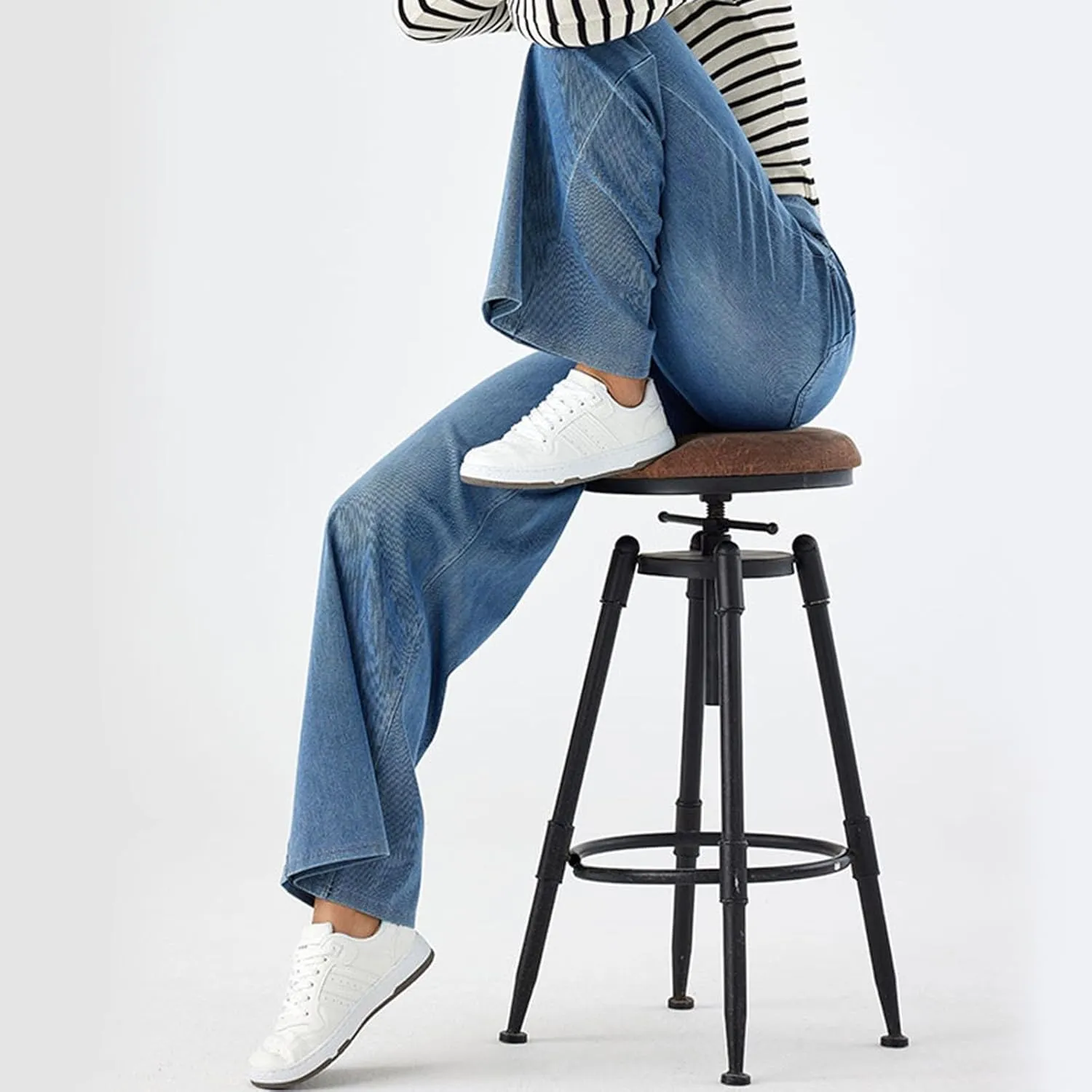 Womens Wide Leg Jeans Stretch Mid Rise Elastic Waist Jeans Baggy Loose Denim Pants Oversized Trendy Casual Trousers