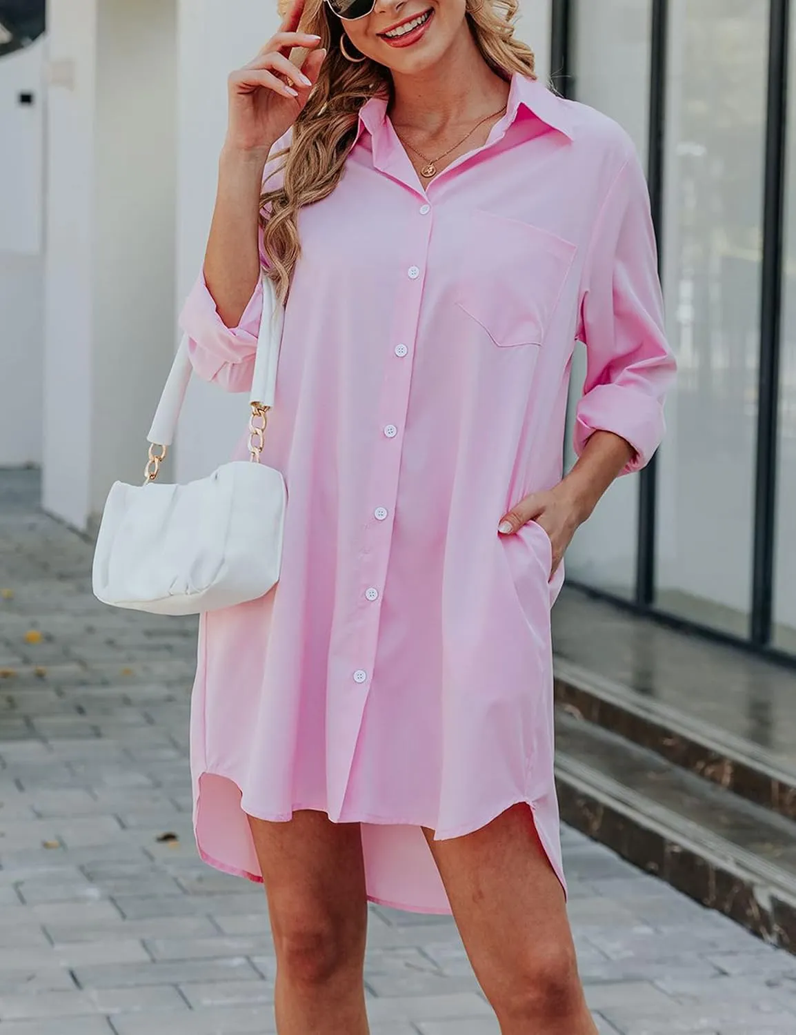 Zontroldy Shirt Dresses for Women Casual Loose Solid Striped Long Sleeve V Neck Button Down Shirts Dress