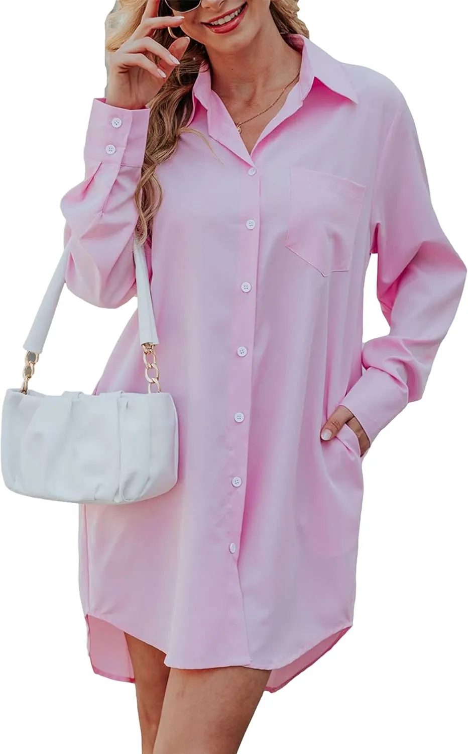 Zontroldy Shirt Dresses for Women Casual Loose Solid Striped Long Sleeve V Neck Button Down Shirts Dress