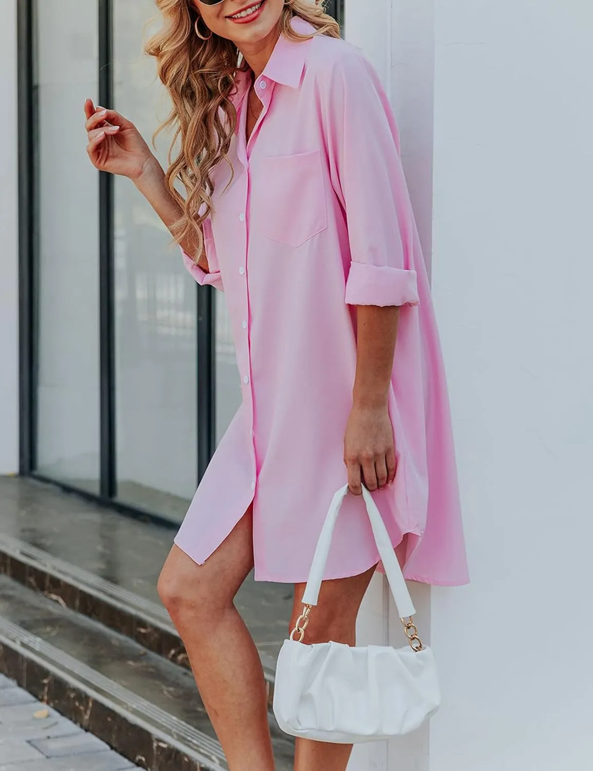 Zontroldy Shirt Dresses for Women Casual Loose Solid Striped Long Sleeve V Neck Button Down Shirts Dress