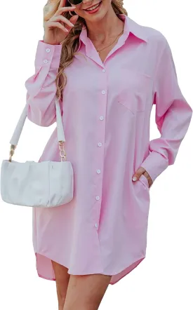 Zontroldy Shirt Dresses for Women Casual Loose Solid Striped Long Sleeve V Neck Button Down Shirts Dress