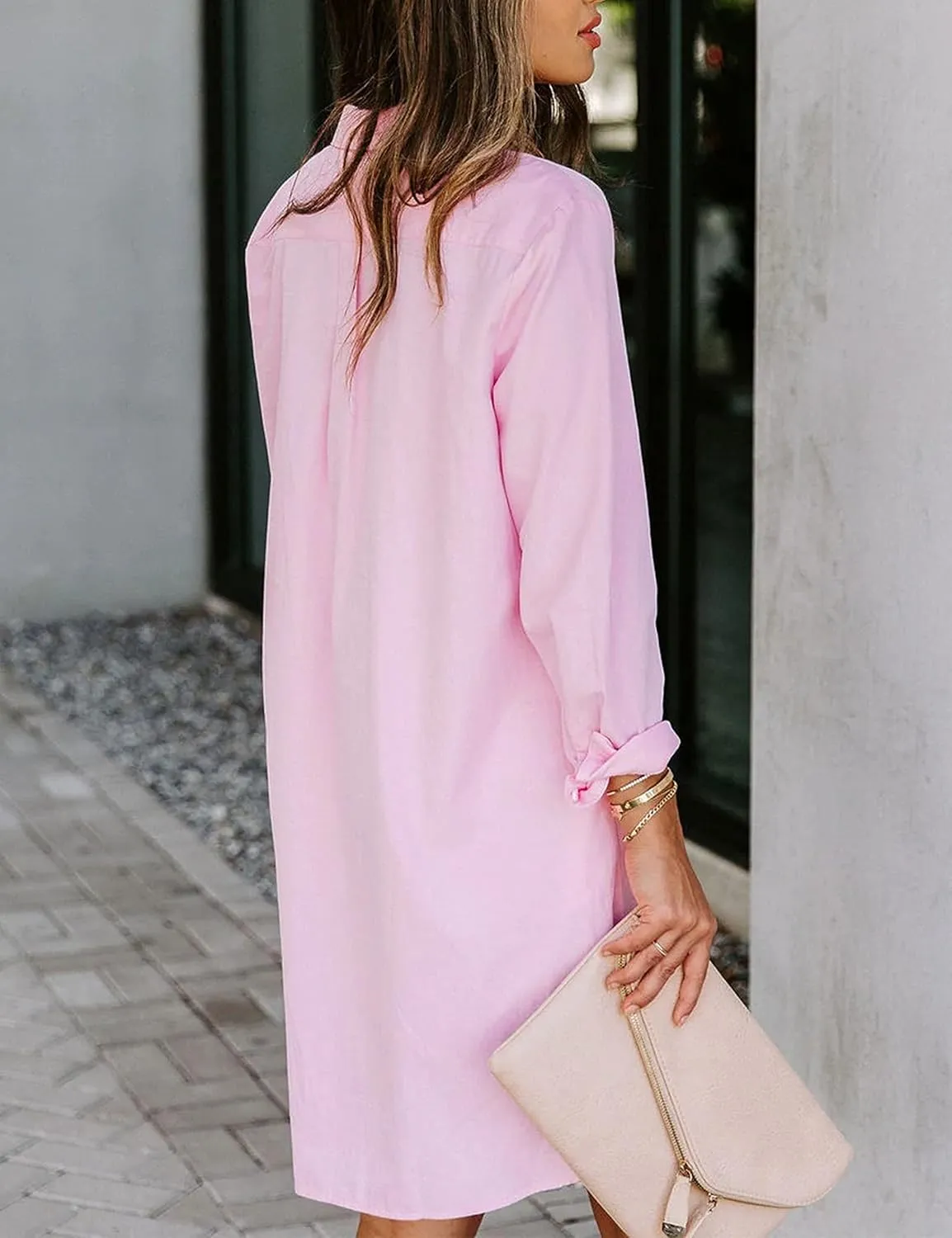 Zontroldy Shirt Dresses for Women Casual Loose Solid Striped Long Sleeve V Neck Button Down Shirts Dress